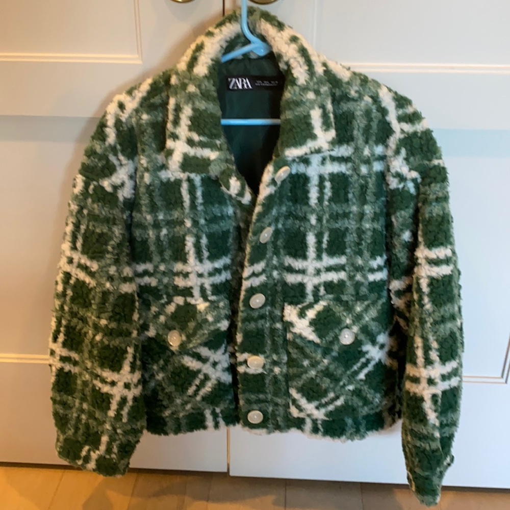 Zara Ecru/Khaki combination plaid fleece jacket L